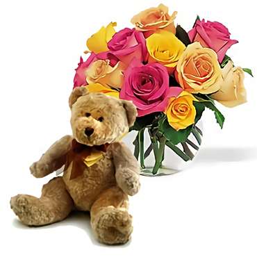 Multicolored Roses and Teddy